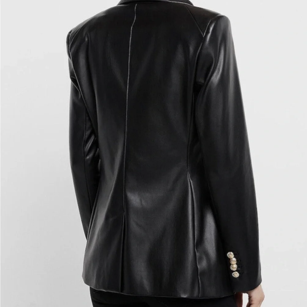 EXPRESS BLACK FAUX LEATHER Gold Novelty Button Double Breasted BLAZER JACKET - Picture 6 of 6